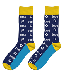 Seeq branded socks in dark blue, bright blue and yellow